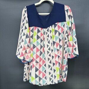 UMGEE Top Womens 1XL Printed Semi Sheer Long Sleeve Blouse Keyhole Button